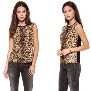 MILLY Faux Fur Animal Print Sleeveless Top With Leather Trim Size 2